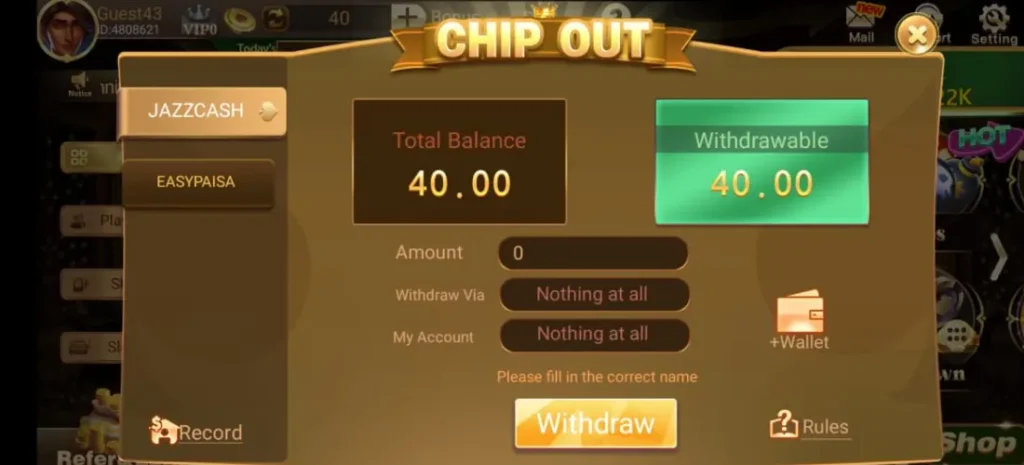 LudoVegas Chip Out withdrawal screen showing JazzCash and Easypaisa tabs