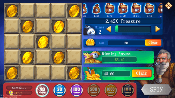 Mines game board screenshot on LudoVegas showing tiles, bet controls and claim button
