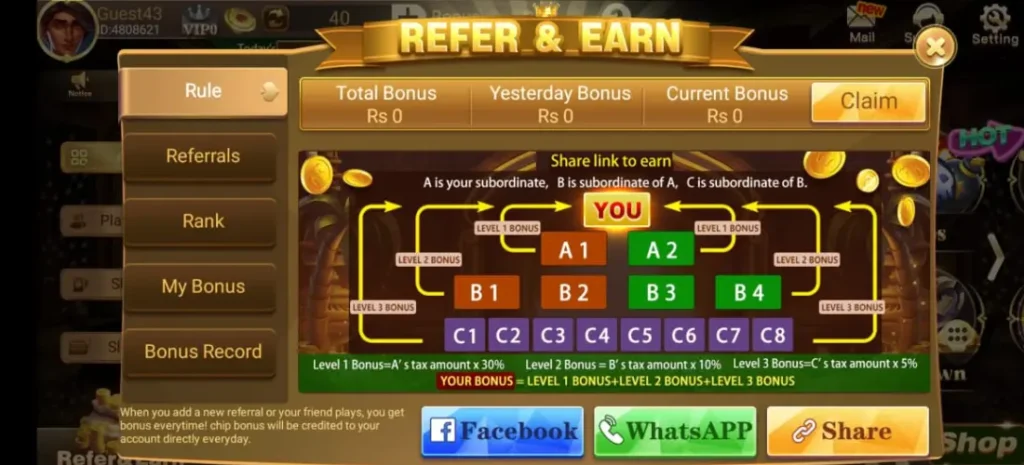 LudoVegas refer and earn screen for referral bonuses