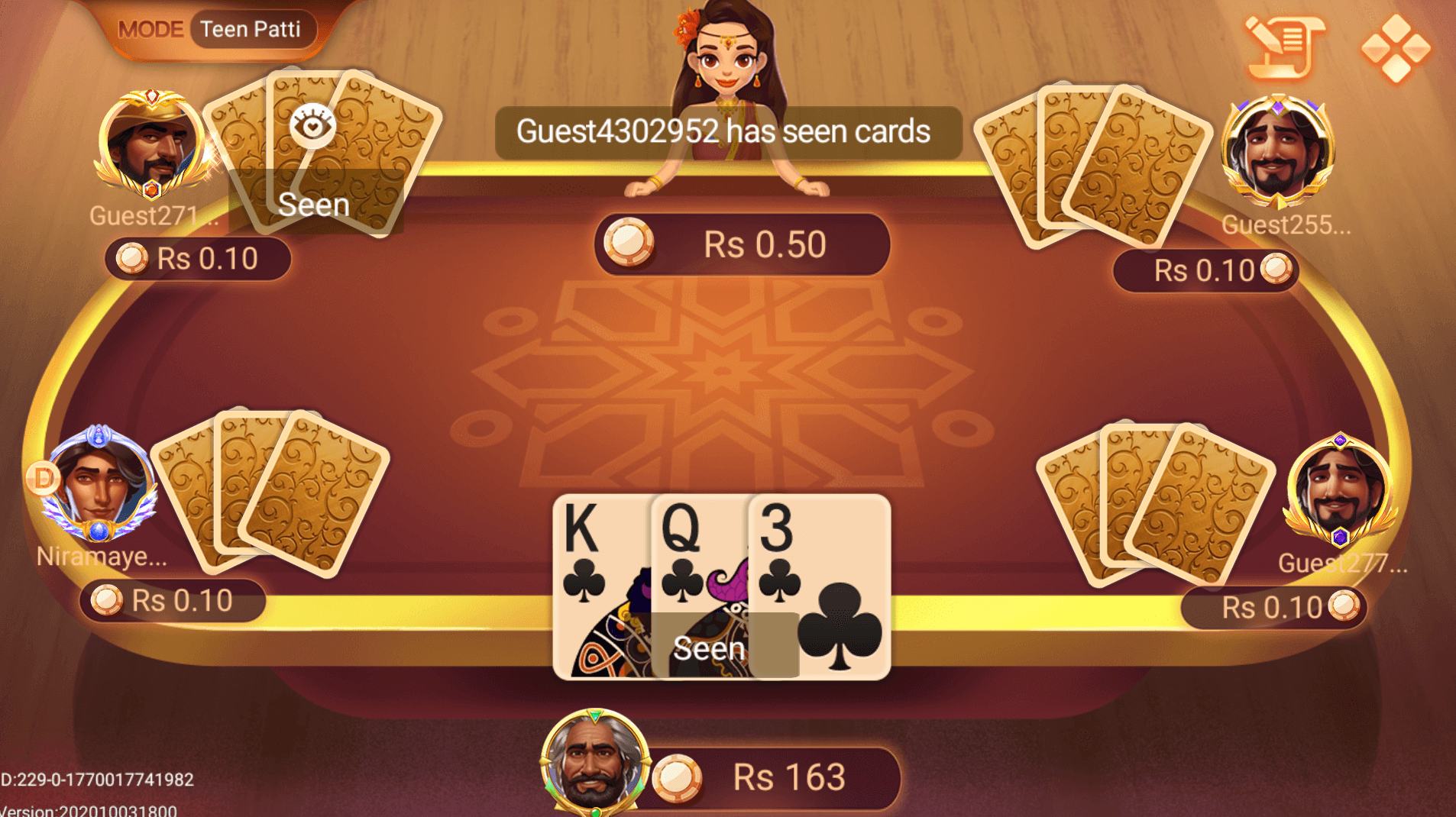 3 Patti Vegas live table inside Ludo Vegas APK — 3 cards with Rs bets